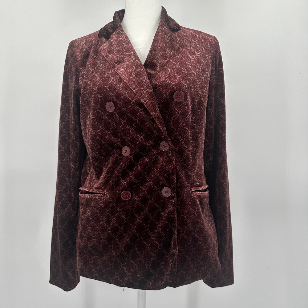Carolina Belle Montreal Burgundy Lattice Print Velvet Double Breasted Blazer M